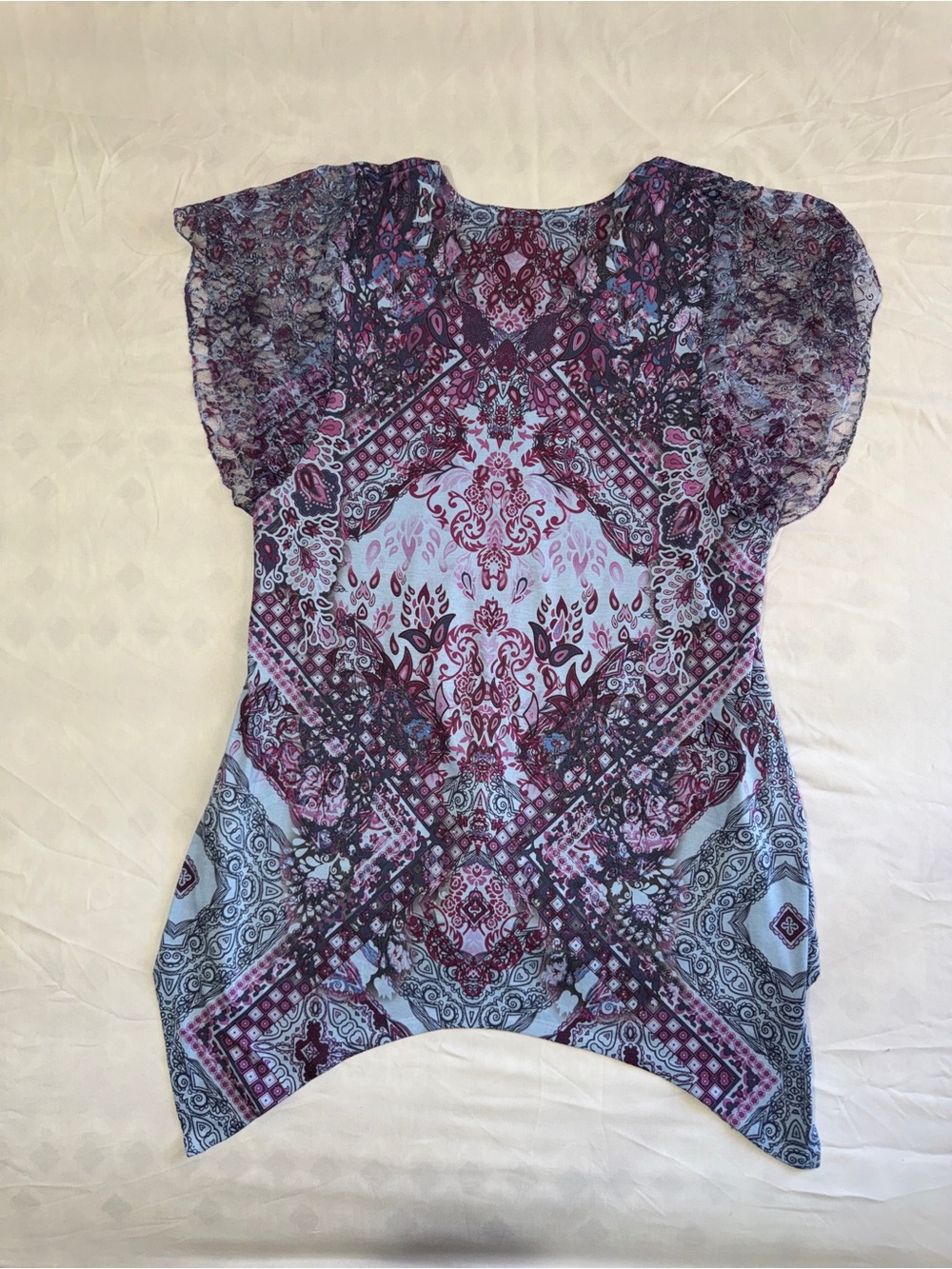 Printed Short Sleeve Tunic Top - Blue Purple - Picture 9 of 12